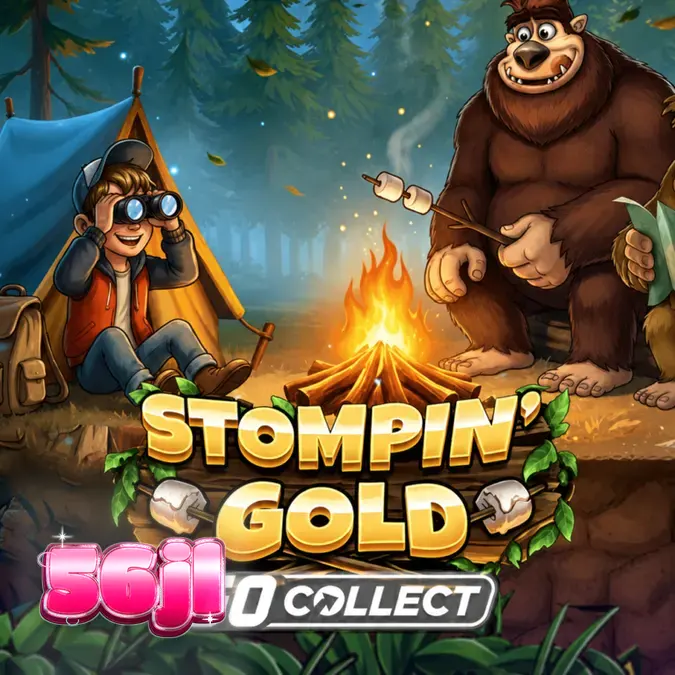Isang visual na representasyon ng Stompin’ Gold slot na may temang kagubatan at mga Sasquatch.